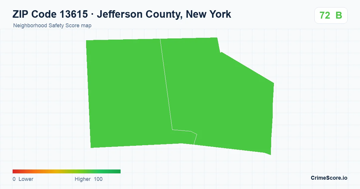 ZIP Code 13615 in Jefferson County, New York neighborhood Safety Score map