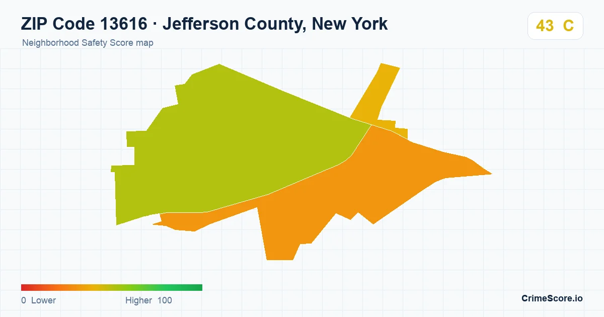 ZIP Code 13616 in Jefferson County, New York neighborhood Safety Score map