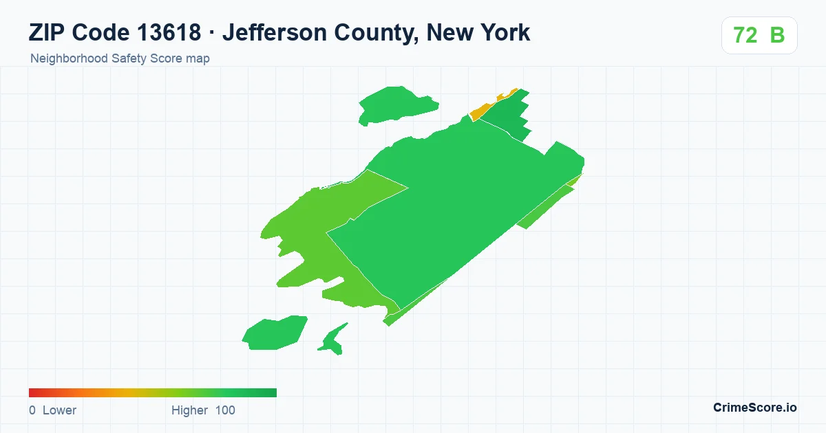 ZIP Code 13618 in Jefferson County, New York neighborhood Safety Score map