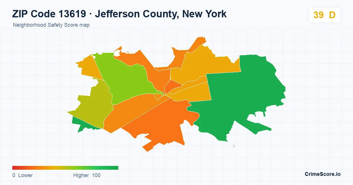 ZIP Code 13619 in Jefferson County, New York neighborhood Safety Score map