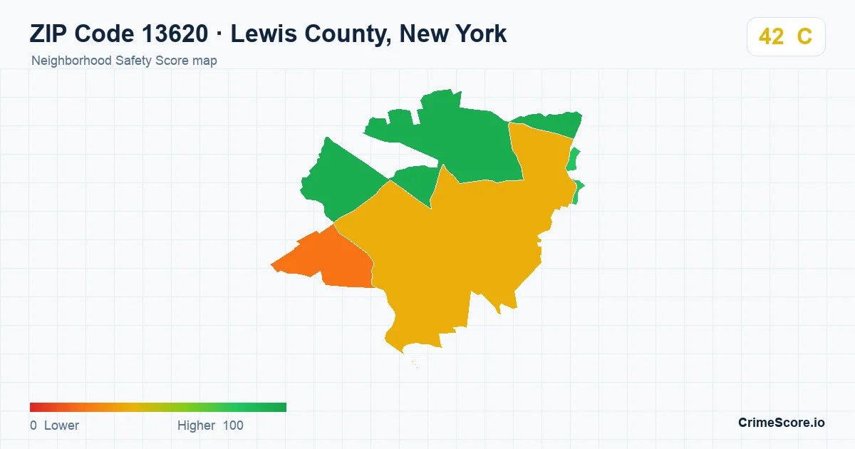 ZIP Code 13620 in Lewis County, New York neighborhood Safety Score map