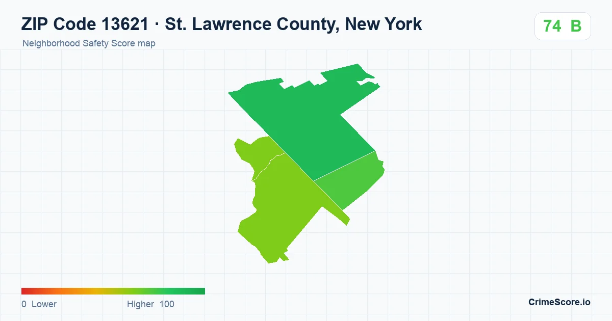 ZIP Code 13621 in St. Lawrence County, New York neighborhood Safety Score map