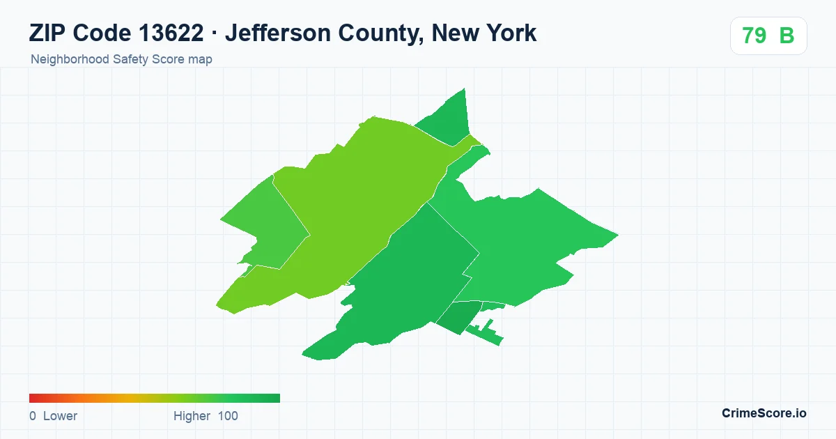ZIP Code 13622 in Jefferson County, New York neighborhood Safety Score map