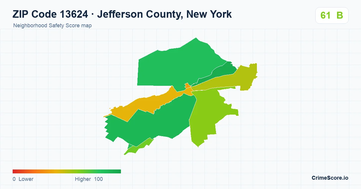 ZIP Code 13624 in Jefferson County, New York neighborhood Safety Score map