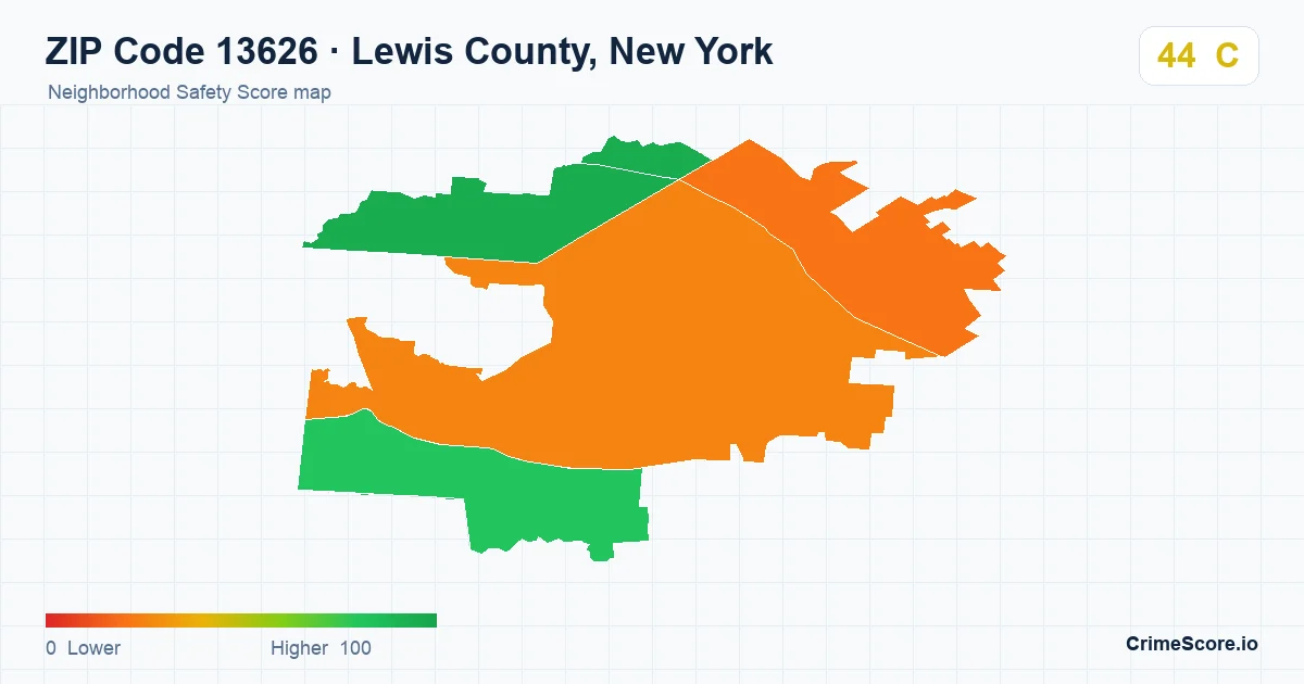 ZIP Code 13626 in Lewis County, New York neighborhood Safety Score map