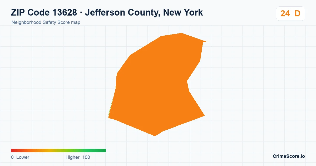 ZIP Code 13628 in Jefferson County, New York neighborhood Safety Score map