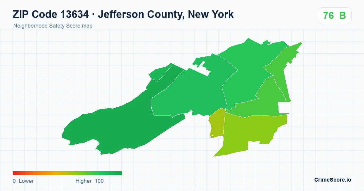 ZIP Code 13634 in Jefferson County, New York neighborhood Safety Score map