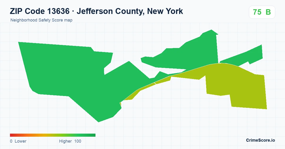 ZIP Code 13636 in Jefferson County, New York neighborhood Safety Score map