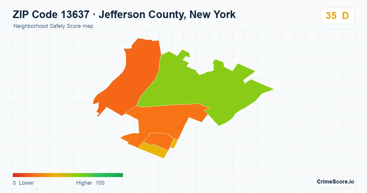ZIP Code 13637 in Jefferson County, New York neighborhood Safety Score map