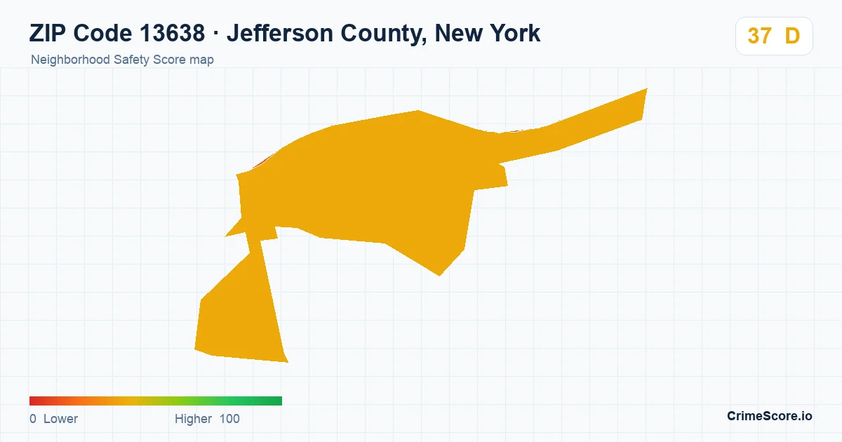 ZIP Code 13638 in Jefferson County, New York neighborhood Safety Score map