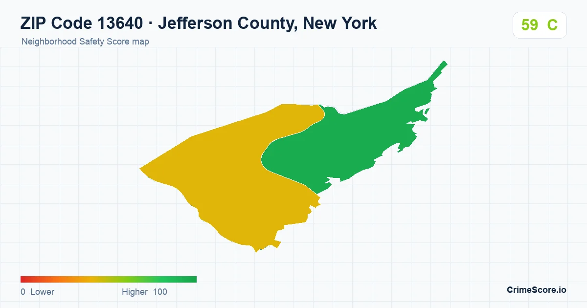 ZIP Code 13640 in Jefferson County, New York neighborhood Safety Score map