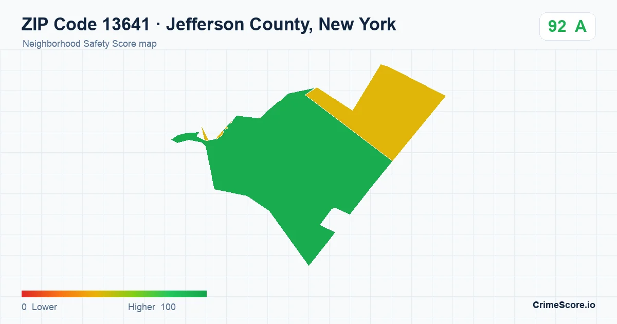 ZIP Code 13641 in Jefferson County, New York neighborhood Safety Score map