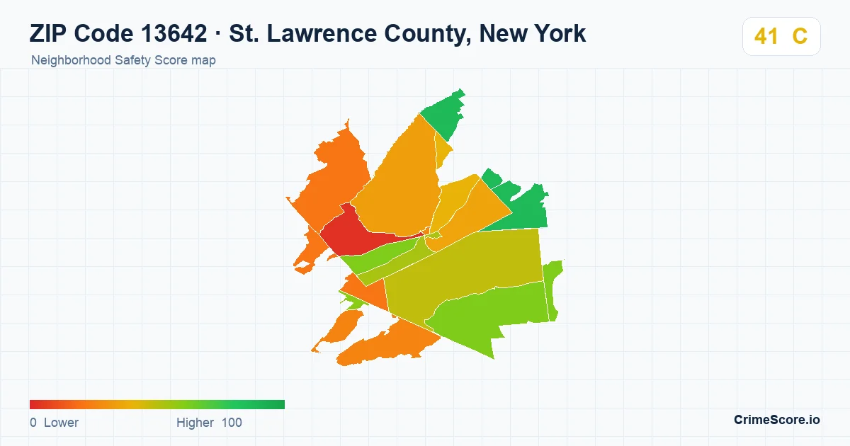 ZIP Code 13642 in St. Lawrence County, New York neighborhood Safety Score map