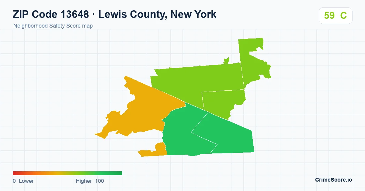 ZIP Code 13648 in Lewis County, New York neighborhood Safety Score map