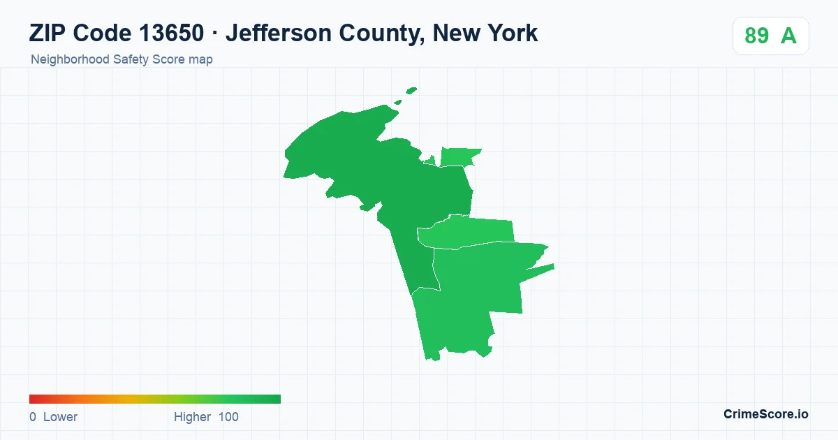 ZIP Code 13650 in Jefferson County, New York neighborhood Safety Score map