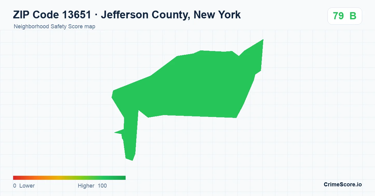 ZIP Code 13651 in Jefferson County, New York neighborhood Safety Score map