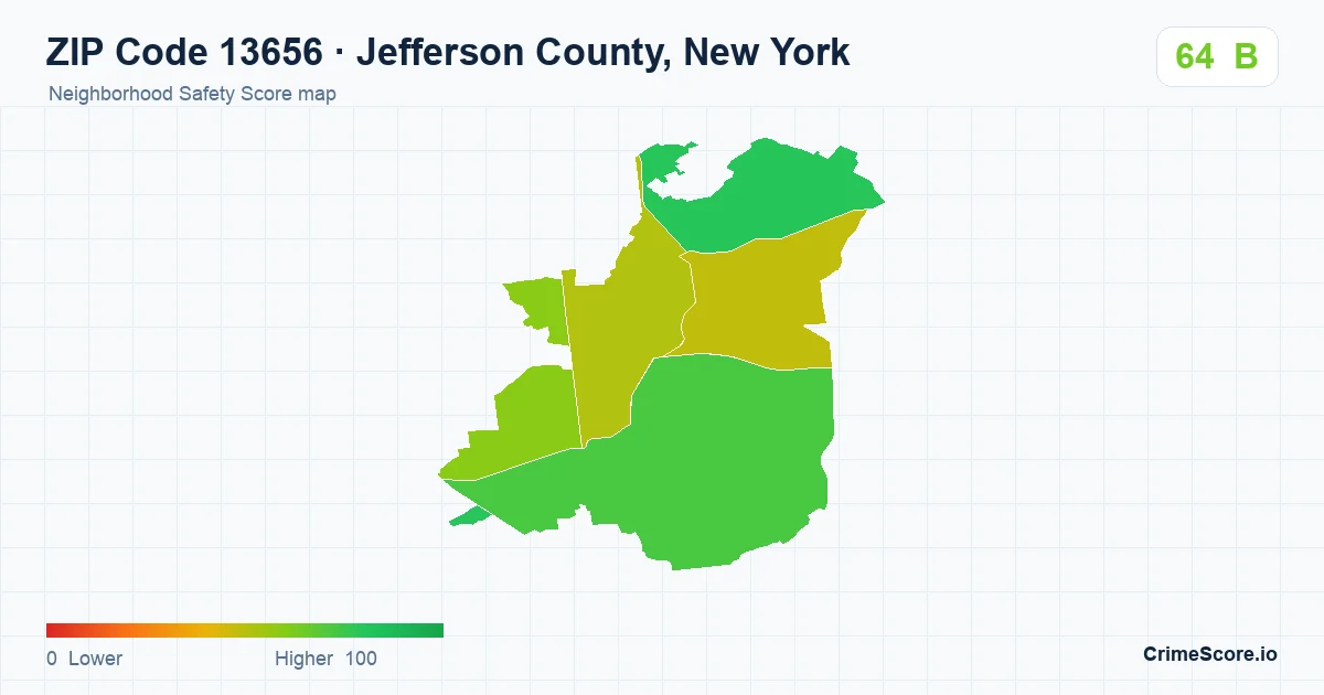 ZIP Code 13656 in Jefferson County, New York neighborhood Safety Score map