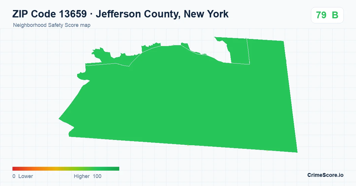 ZIP Code 13659 in Jefferson County, New York neighborhood Safety Score map
