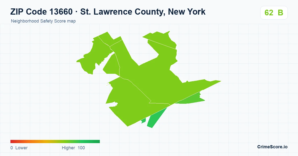 ZIP Code 13660 in St. Lawrence County, New York neighborhood Safety Score map