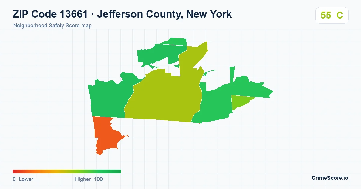 ZIP Code 13661 in Jefferson County, New York neighborhood Safety Score map