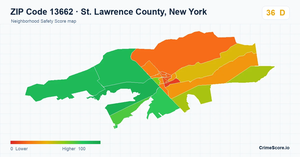 ZIP Code 13662 in St. Lawrence County, New York neighborhood Safety Score map