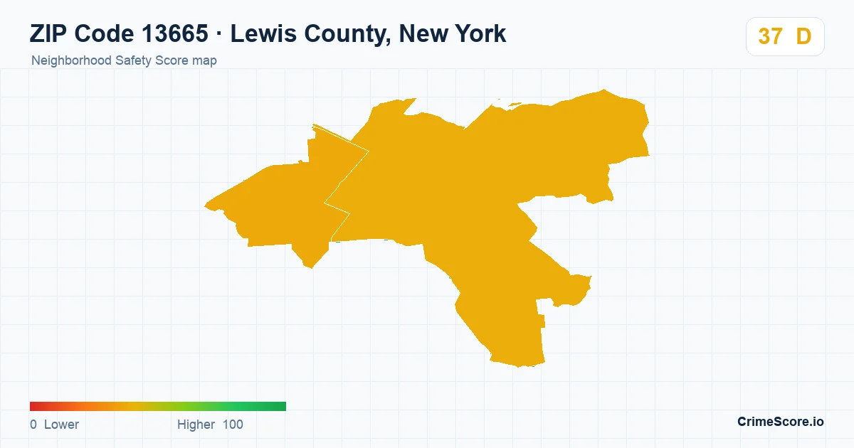 ZIP Code 13665 in Lewis County, New York neighborhood Safety Score map