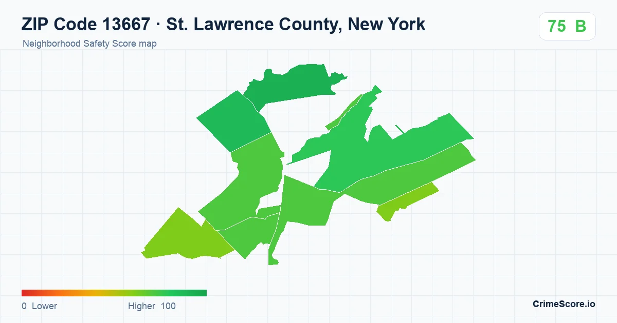 ZIP Code 13667 in St. Lawrence County, New York neighborhood Safety Score map
