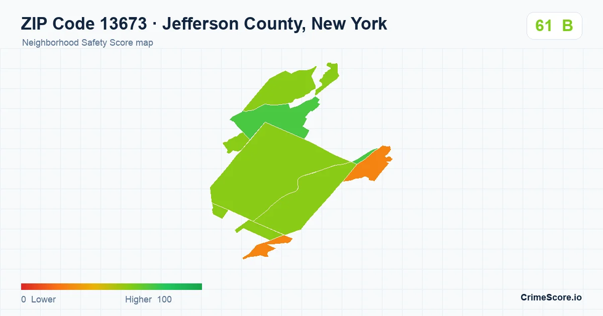 ZIP Code 13673 in Jefferson County, New York neighborhood Safety Score map