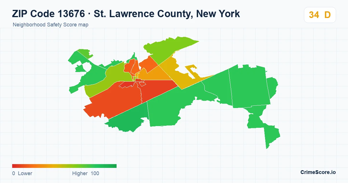 ZIP Code 13676 in St. Lawrence County, New York neighborhood Safety Score map