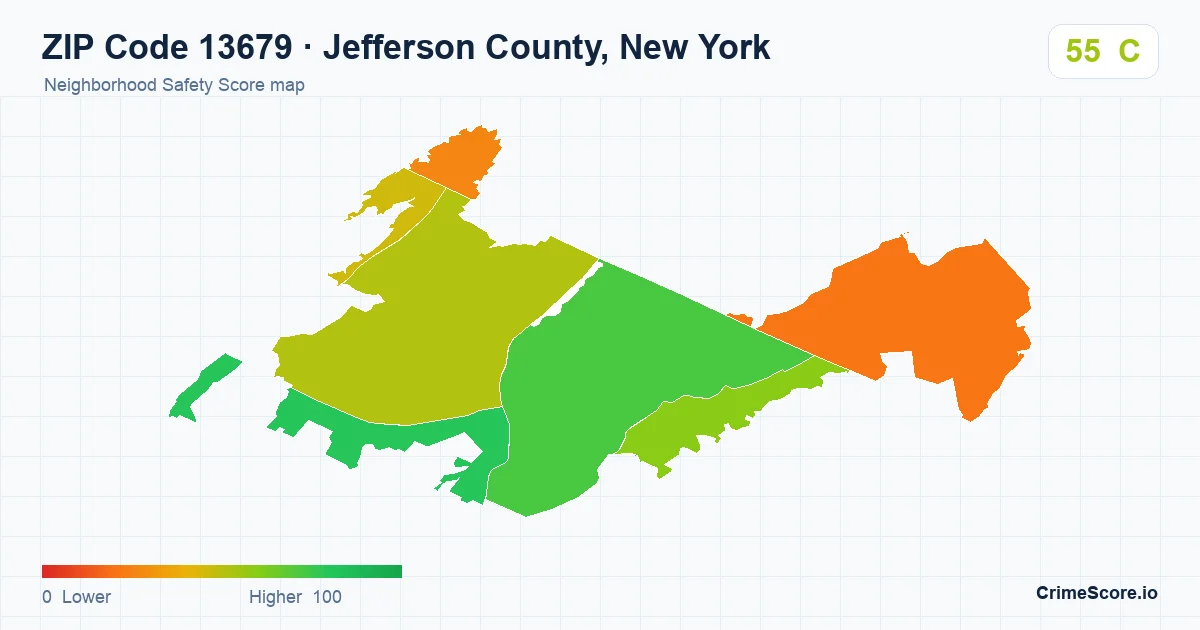 ZIP Code 13679 in Jefferson County, New York neighborhood Safety Score map