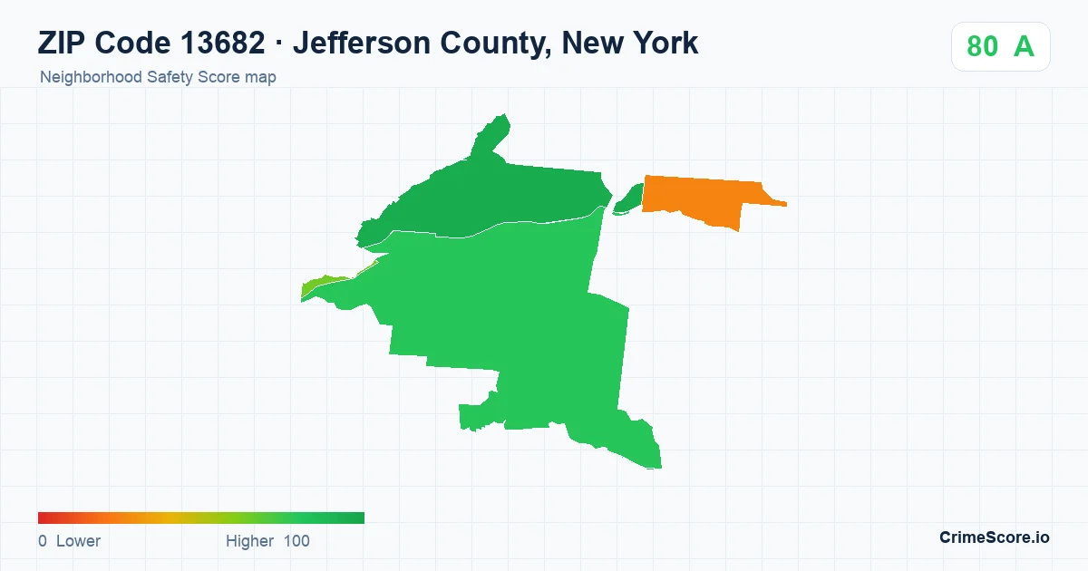 ZIP Code 13682 in Jefferson County, New York neighborhood Safety Score map