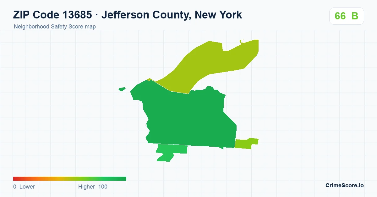 ZIP Code 13685 in Jefferson County, New York neighborhood Safety Score map
