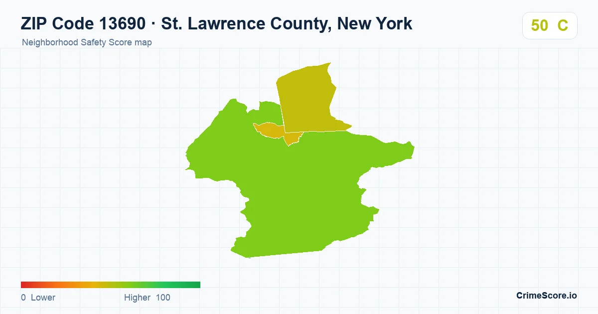 ZIP Code 13690 in St. Lawrence County, New York neighborhood Safety Score map