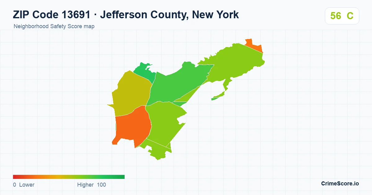ZIP Code 13691 in Jefferson County, New York neighborhood Safety Score map