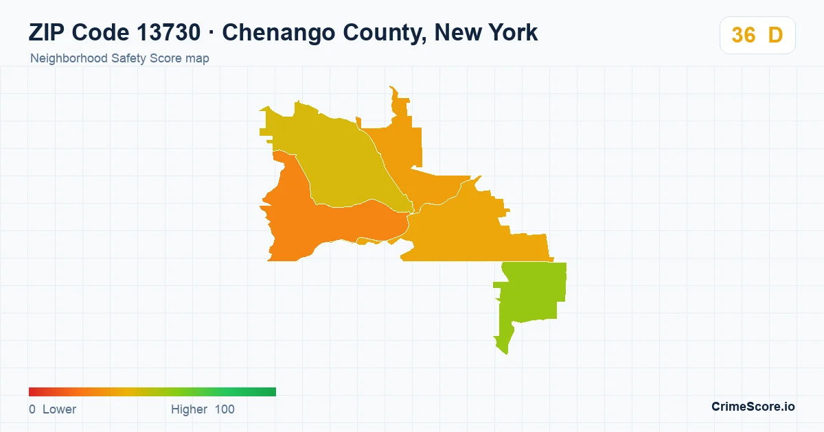 ZIP Code 13730 in Chenango County, New York neighborhood Safety Score map