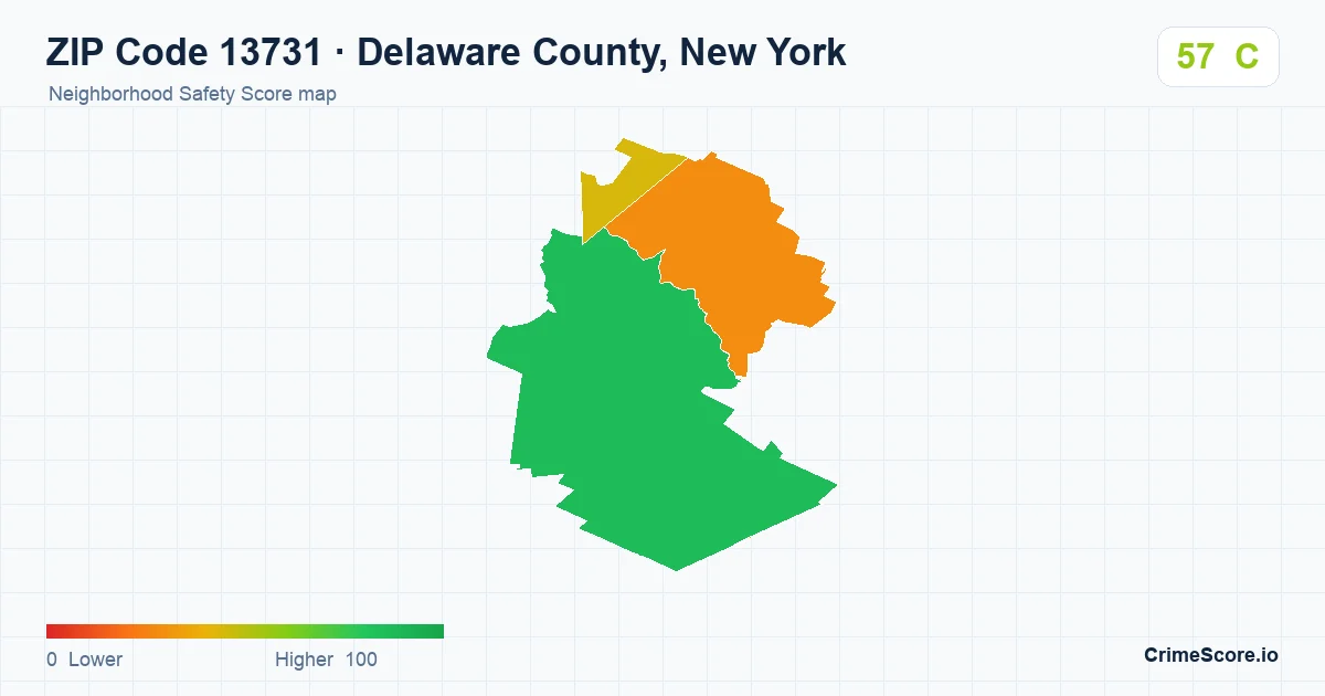 ZIP Code 13731 in Delaware County, New York neighborhood Safety Score map