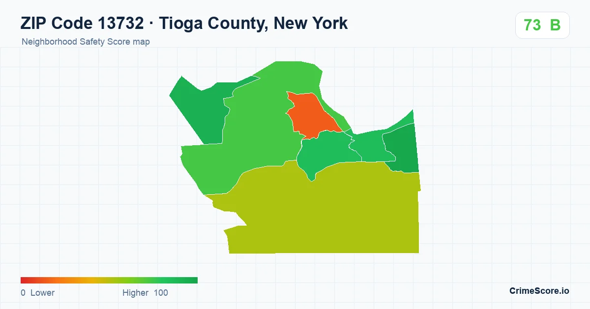 ZIP Code 13732 in Tioga County, New York neighborhood Safety Score map