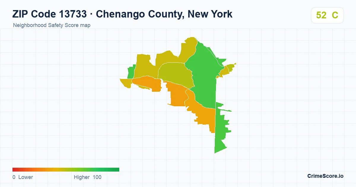 ZIP Code 13733 in Chenango County, New York neighborhood Safety Score map
