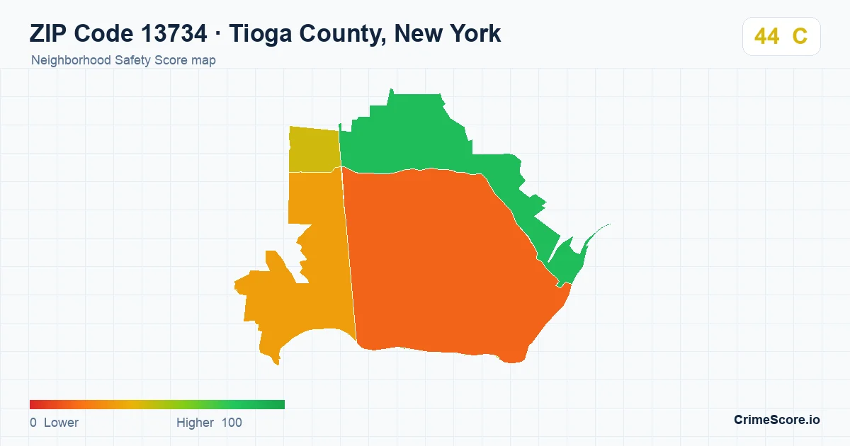 ZIP Code 13734 in Tioga County, New York neighborhood Safety Score map