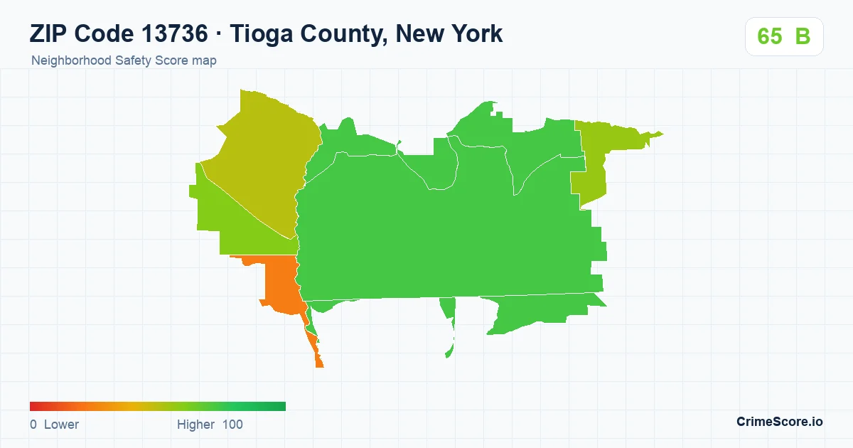 ZIP Code 13736 in Tioga County, New York neighborhood Safety Score map