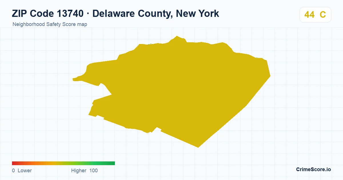 ZIP Code 13740 in Delaware County, New York neighborhood Safety Score map