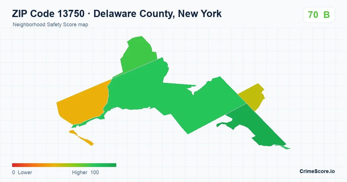 ZIP Code 13750 in Delaware County, New York neighborhood Safety Score map