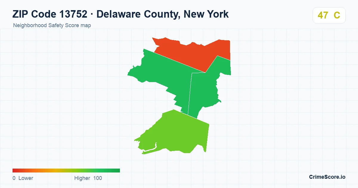 ZIP Code 13752 in Delaware County, New York neighborhood Safety Score map