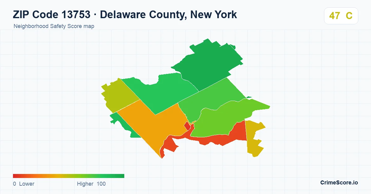 ZIP Code 13753 in Delaware County, New York neighborhood Safety Score map