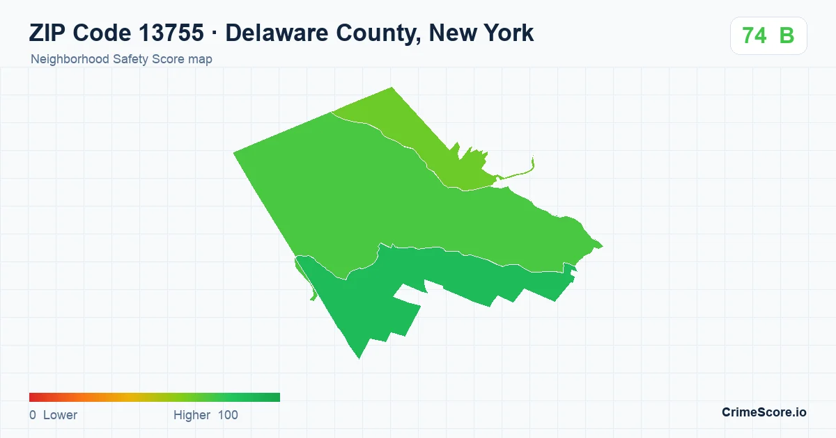 ZIP Code 13755 in Delaware County, New York neighborhood Safety Score map