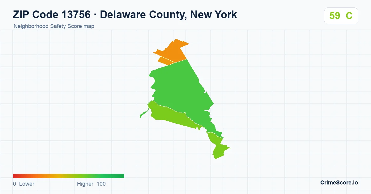ZIP Code 13756 in Delaware County, New York neighborhood Safety Score map