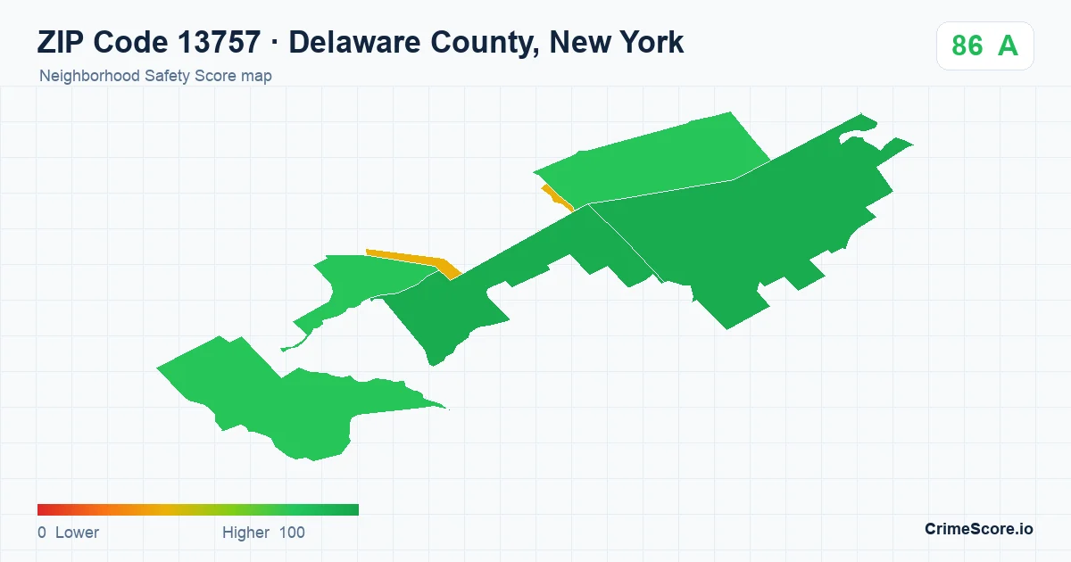 ZIP Code 13757 in Delaware County, New York neighborhood Safety Score map