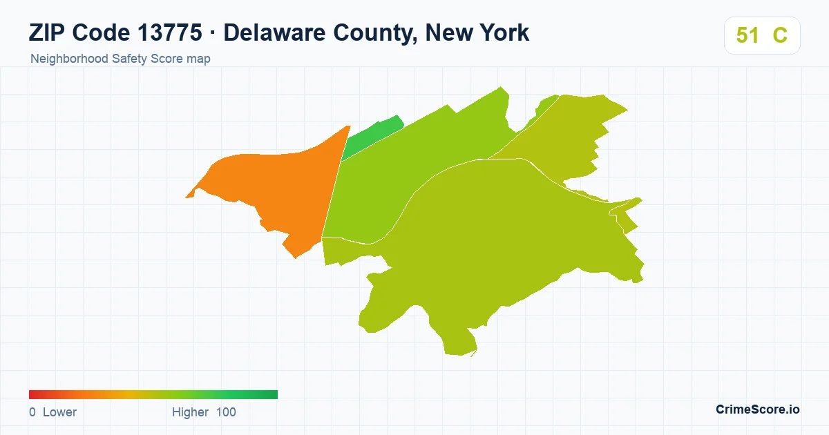 ZIP Code 13775 in Delaware County, New York neighborhood Safety Score map