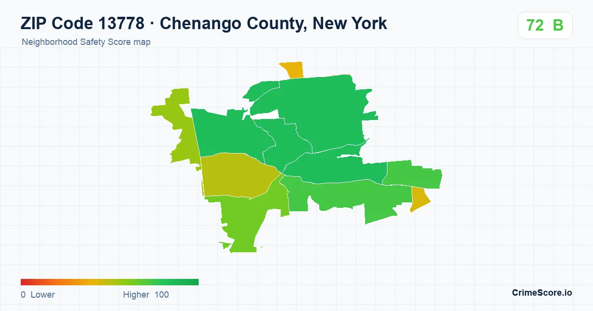 ZIP Code 13778 in Chenango County, New York neighborhood Safety Score map