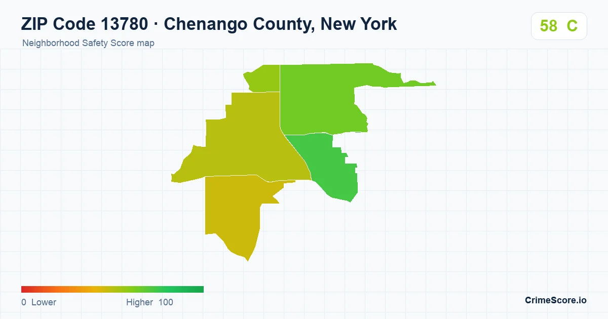 ZIP Code 13780 in Chenango County, New York neighborhood Safety Score map